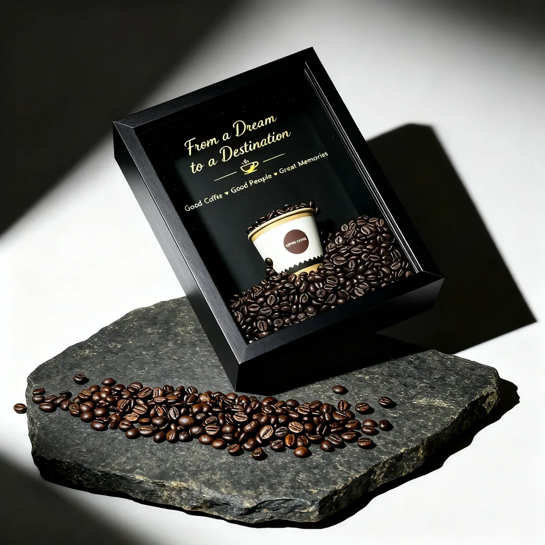 The shadow box tilted steeply on a slab of dark stone with loose coffee beans scattered in front of it, hard light throwing a long shadow to one side.