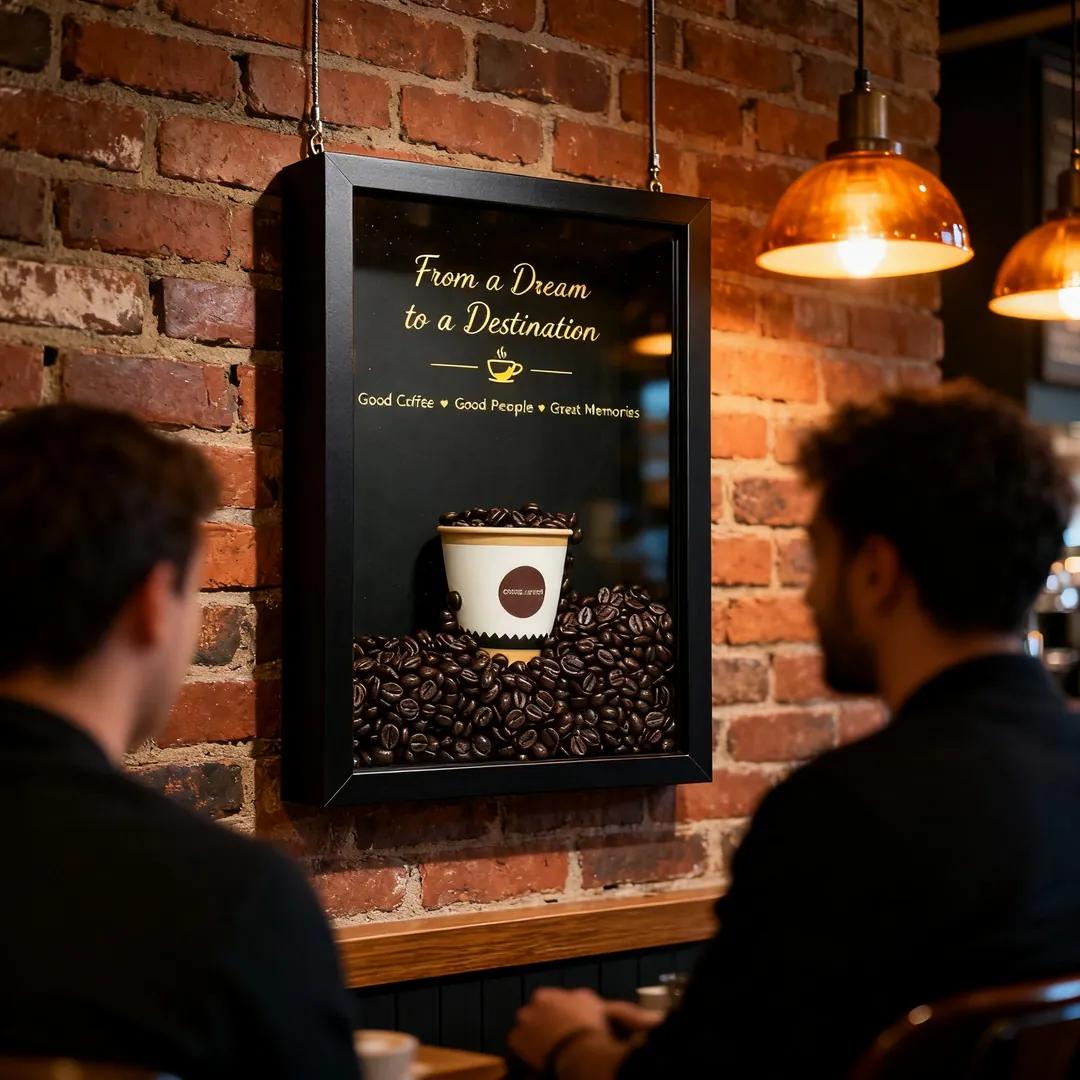 The shadow box on the brick wall of a specialty coffee shop, two customers blurred in the foreground under warm pendant lights.