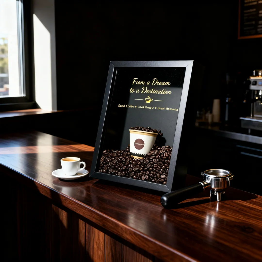 The shadow box standing on a dark walnut café counter beside an espresso cup and a portafilter, morning light coming from a window on the left.
