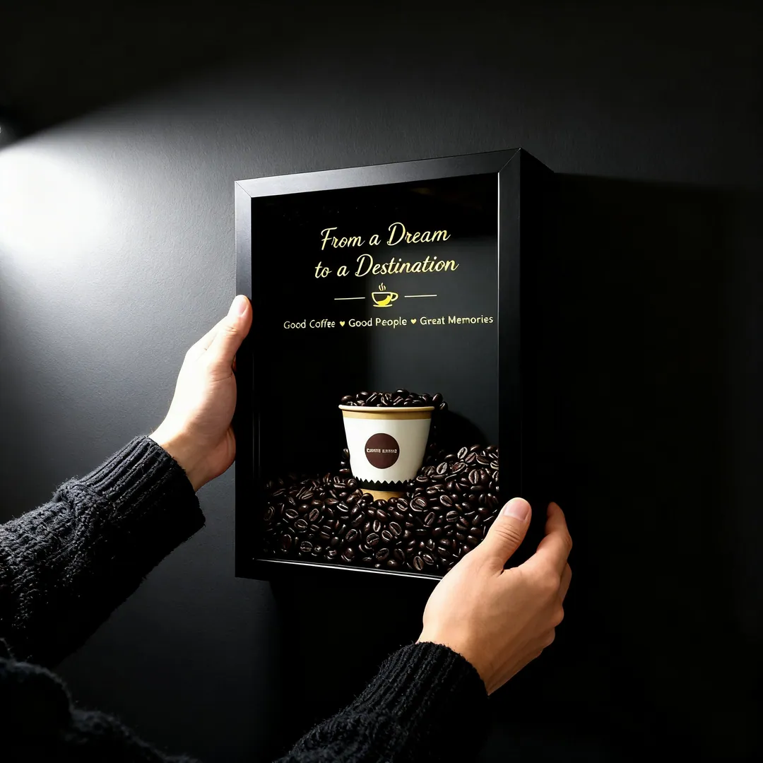 Two hands holding the shadow box upright against a dark wall, showing it is a little larger than a sheet of A4 paper.