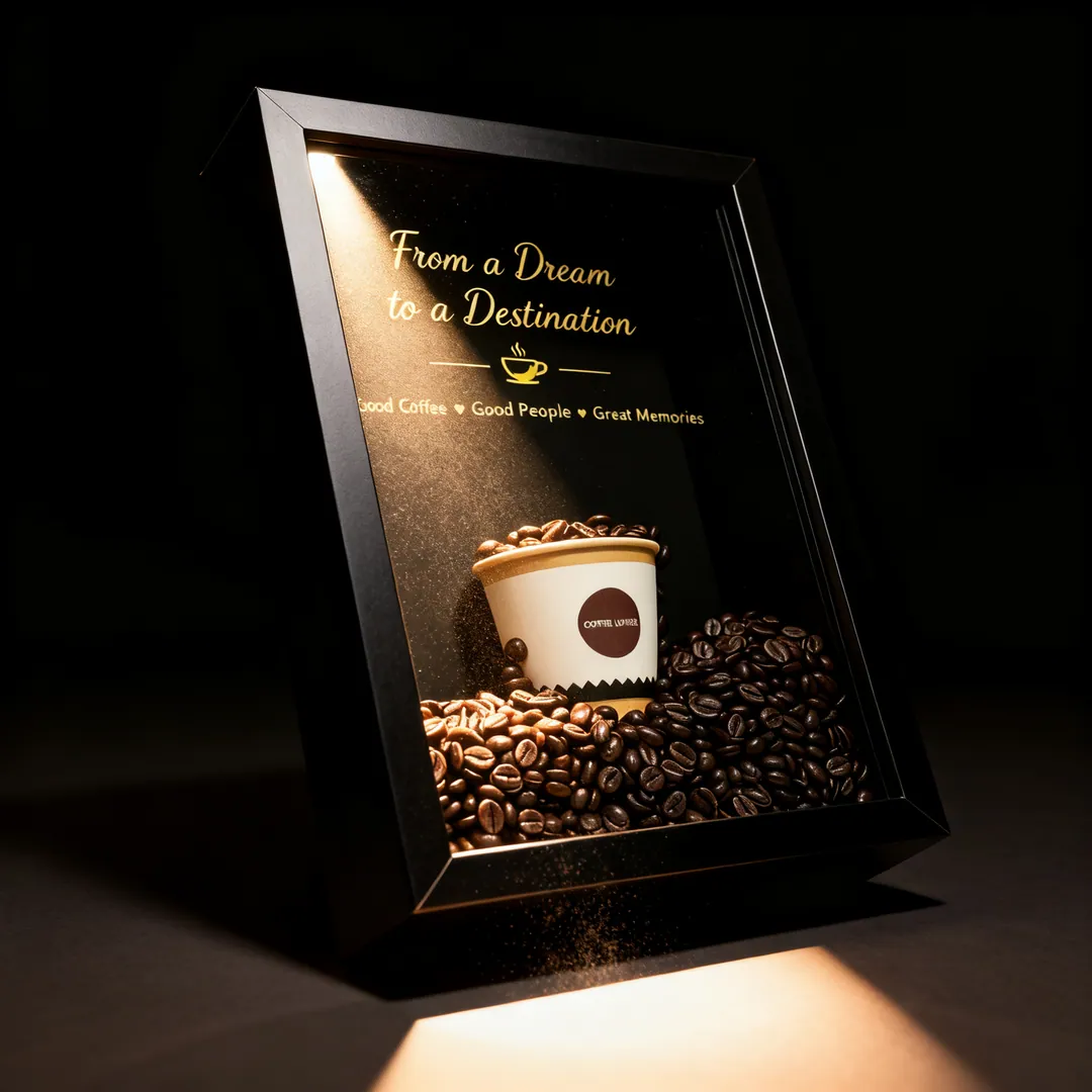 The shadow box turned a few degrees in a dark studio, one hard light raking across the glass so the thickness of the frame and the depth behind it are clearly visible.