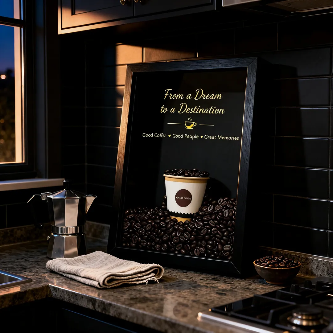 The shadow box leaning against a dark kitchen backsplash on a stone worktop, beside a moka pot and a bowl of coffee beans.