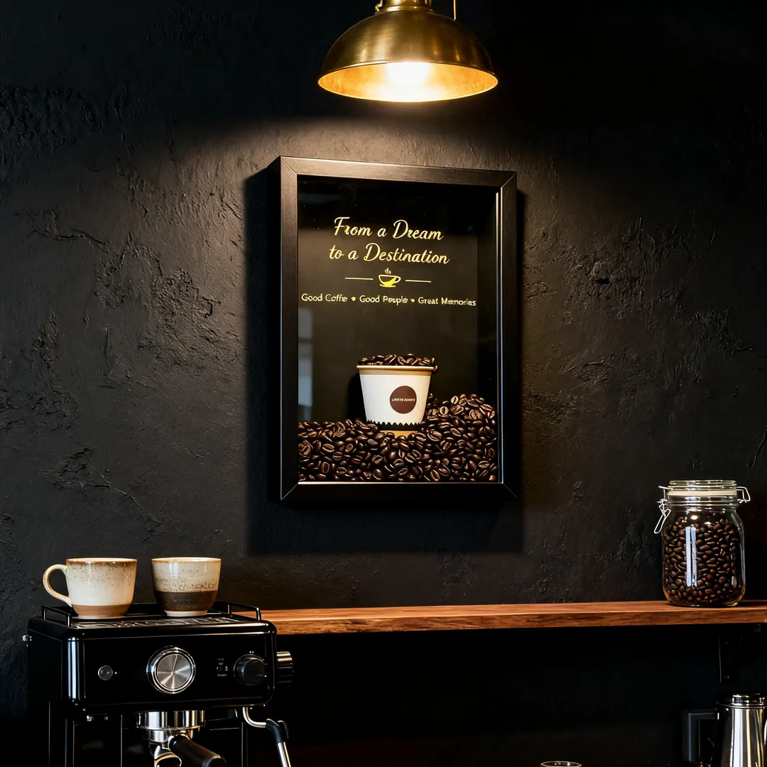 The shadow box hung on a dark plaster wall above a home espresso bar, lit by a brass pendant lamp.